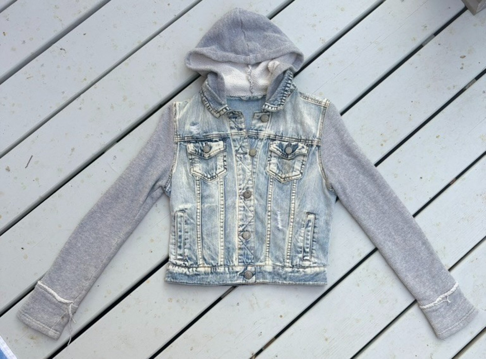 Aeropostale Denim Hooded Jacket Women's Knit Sleeve Acid Wash Blue Size S